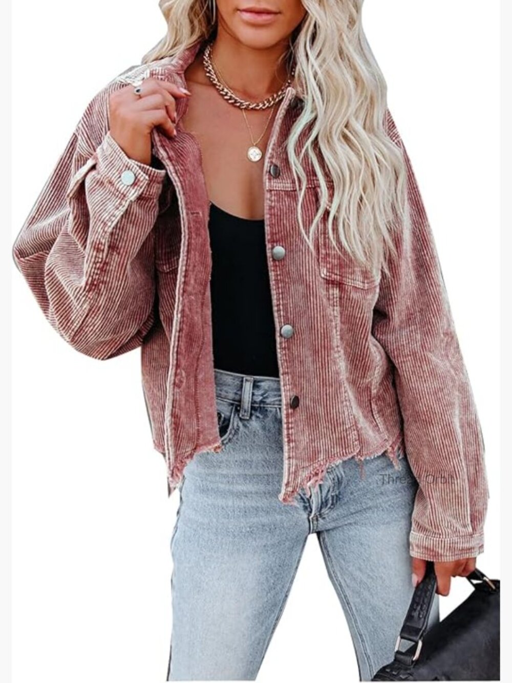 Cropped Corduroy Jacket Fringe Hem Loose Fit Button Down Shacket